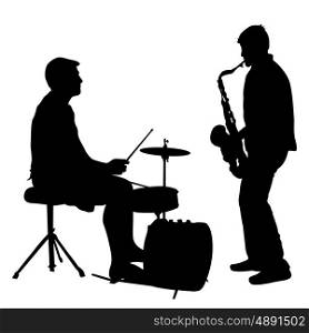 Silhouette musician drummer on white background, vector illustration.