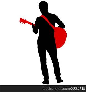 Silhouette musician plays the guitar on a white background.. Silhouette musician plays the guitar on a white background