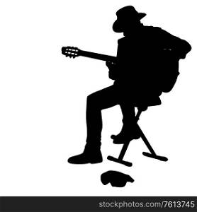 Silhouette musician plays the guitar on a white background.. Silhouette musician plays the guitar on a white background