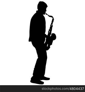 Silhouette musician, saxophonist player on white background, vector illustration.