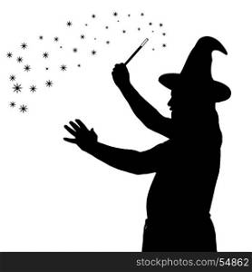 Silhouette of a bearded wizard in cloak with pointed hat creating magic