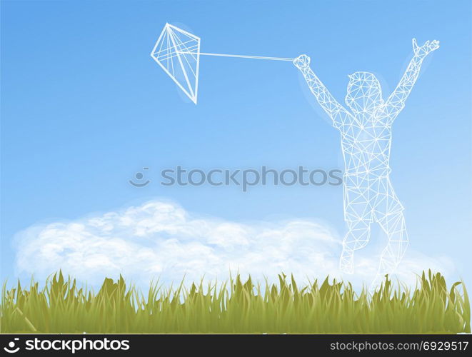 silhouette of a boy with kite again blue sky