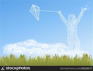 silhouette of a boy with kite again blue sky