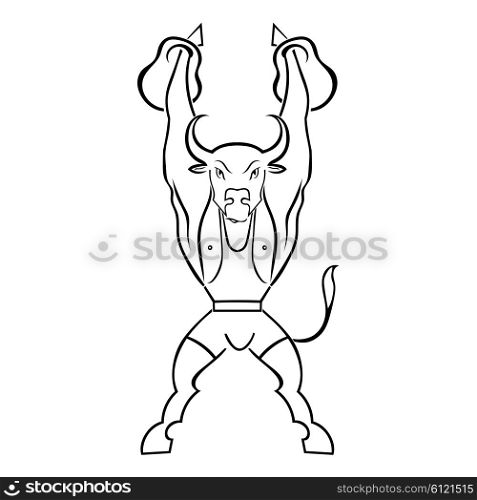 Silhouette of a bull athlete with weights isolated on white background. Bodybuilder. Vector illustration.
