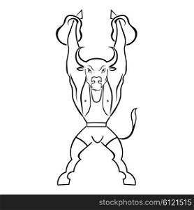 Silhouette of a bull athlete with weights isolated on white background. Bodybuilder. Vector illustration.