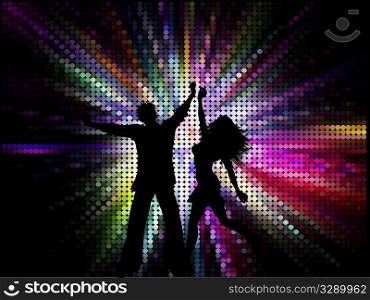 Silhouette of a couple dancing on a spectrum coloured background