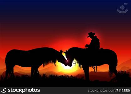 silhouette of a cowboy on a horse in a mountain canyon at sunset
