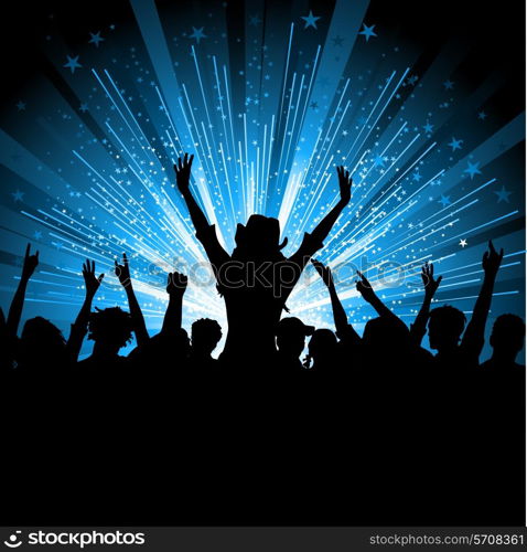 Silhouette of a crowd of party people on a star burst background