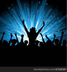 Silhouette of a crowd of party people on a star burst background
