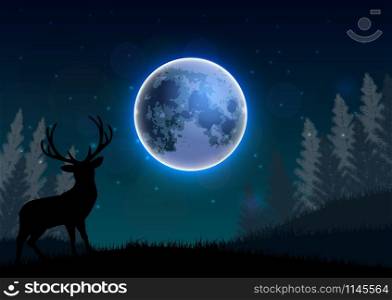 Silhouette of a deer standing on a hill at night. Vector
