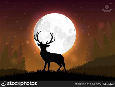 Silhouette of a deer standing on a hill at night with full of moon. Vector