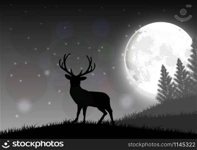Silhouette of a deer standing on a hill at night with moon