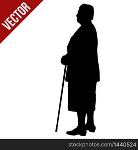 Silhouette of a elderly woman with cane on a white background, vector illustration