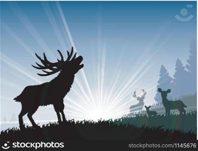 Silhouette of a family deer standing on the time of morning. vector
