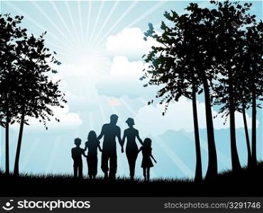 Silhouette of a family out walking on a sunny day