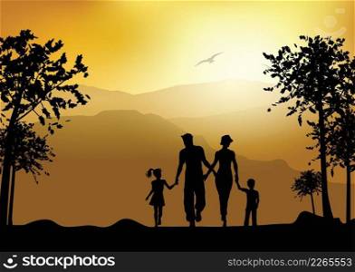 Silhouette of a family walking in the countryside