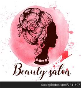 Silhouette of a female head with a beautiful hairstyle on a pink watercolor background. Vintage style. Hand drawn vector illustration. Design for beauty salon.
