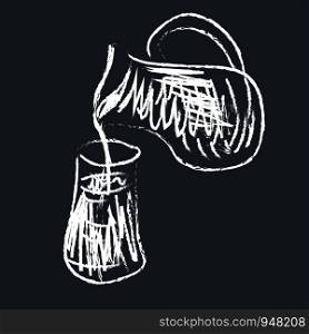 Silhouette of a glass jar with a handle and narrow opening contains milk and tripped to a glass to be enjoyed by someone over black background, vector, color drawing or illustration.