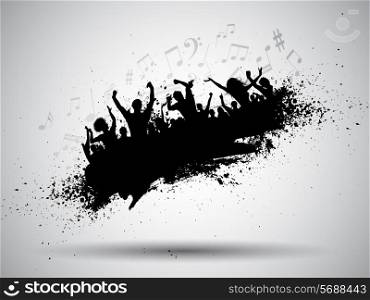 Silhouette of a group of party people on a grunge background with music notes