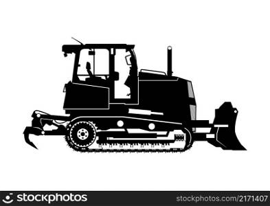 Silhouette of a heavy bulldozer on continuous tracks. Side view of the crawler equipped with a ripper. Flat vector.