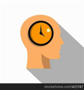 Silhouette of a human head with internal clock icon. Flat illustration of silhouette of a human head with internal clock vector icon for web isolated on white background. Silhouette of a human head with clock icon