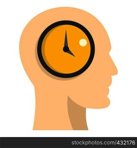 Silhouette of a human head with internal clock icon flat isolated on white background vector illustration. Silhouette of a human head with clock icon