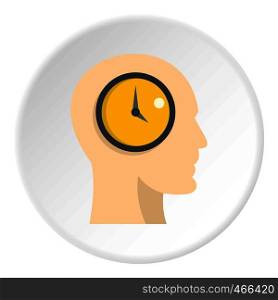 Silhouette of a human head with internal clock icon in flat circle isolated on white background vector illustration for web. Silhouette of a human head with clock icon circle
