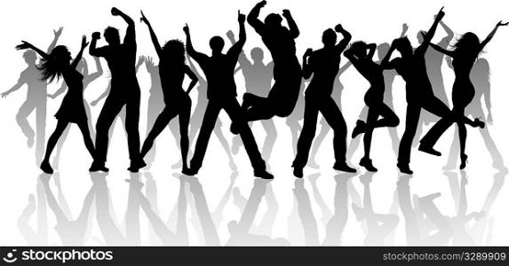 Silhouette of a large group of people dancing on a white background