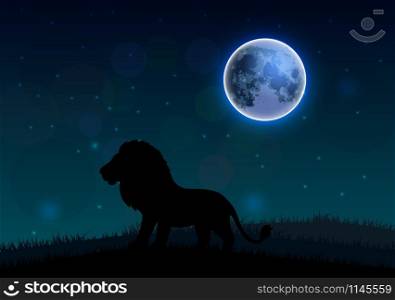 Silhouette of a lion standing on a hill at night