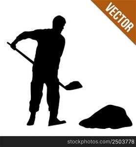 Silhouette of a man digging with a shovel on white background, vector illustration