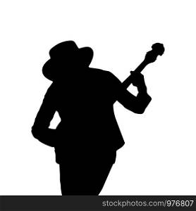 Silhouette of a man in a hat with a guitar. Flat design