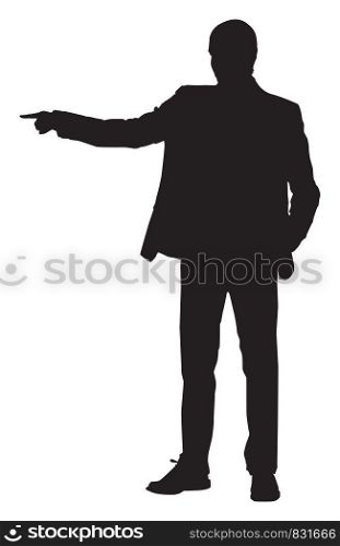 Silhouette of a man pointing with his finger, illustration, vector on white background.