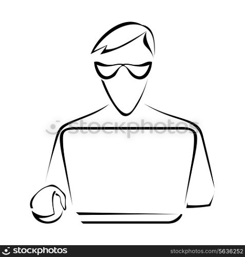 Silhouette of a man sitting at a laptop computer. Graphic drawing. Vector illustration