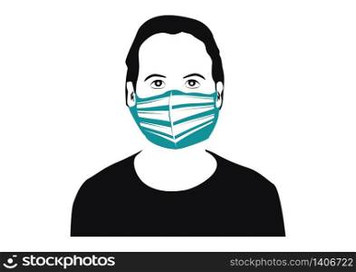 Silhouette of a man wearing a protective mask on a white background. Vector.