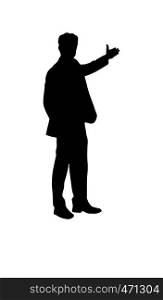 Silhouette of a man with an outstretched arm. The man offers to go in the direction of the outstretched arm, flat design.