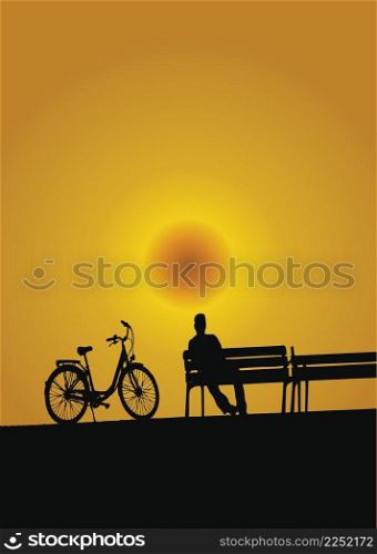 silhouette of a man with bike bench on sunset