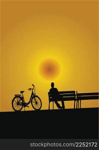 silhouette of a man with bike bench on sunset