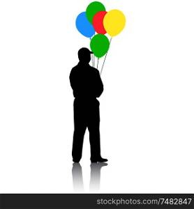 Silhouette of a men with balloons in hand on a white background.. Silhouette of a men with balloons in hand on a white background