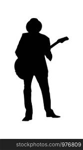 Silhouette of a musician in a hat with a guitar. Flat design