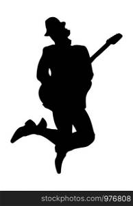 Silhouette of a musician with a guitar in the jump. Flat design