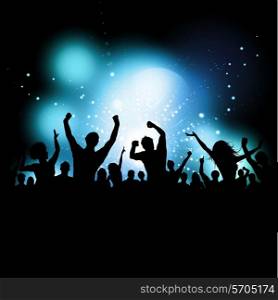 Silhouette of a party audience on a glowing lights background&#xA;