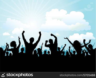 Silhouette of a party crowd against a blue sky