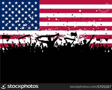 Silhouette of a party crowd with banners and flags on an American flag background