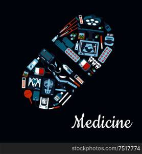 Silhouette of a pill composed of medical services and pharmaceutical flat icons such as stethoscope, medicine bottles and blood bags, pills and syringe, operating room equipments and dentist tools, xray images and ultrasound baby scan, crutches and enema. Medical flat icons in a pill shape