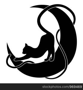 Silhouette of a pulling cat and its tail interweave the moon, black vector hand drawing on white