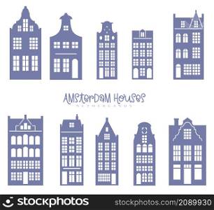 Silhouette of a row Amsterdam houses. Facades of European old buildings for Christmas decoration. Holland homes. Vector set for laser cut.. Silhouette of a row Amsterdam houses. Facades of European old buildings for Christmas decoration. Holland homes. Vector set for laser cut