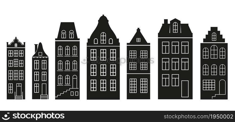 Silhouette of a row Amsterdam style houses. Facades of European old buildings for Christmas decoration. Vector set.. Silhouette of a row Amsterdam style houses. Facades of European old buildings for Christmas decoration. Vector set