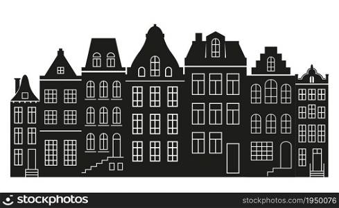 Silhouette of a row Amsterdam style houses. Facades of European old buildings for Christmas decoration. Vector illustration. Silhouette of a row Amsterdam style houses. Facades of European old buildings for Christmas decoration. Vector