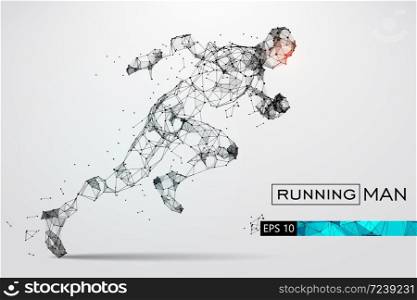 Silhouette of a running man. Dots, lines, triangles, text, color effects and background on a separate layers, color can be changed in one click. Vector illustration. Silhouette of a running man from particles. Vector illustration