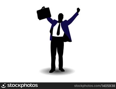 silhouette of A successful business man carries bags and hands up